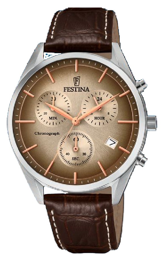 Festina Orologio Uomo Cronografo F6860/6 – Cassa 42 Mm, Quadrante Blu Con Dettagli Oro Rosa, Pelle Marrone