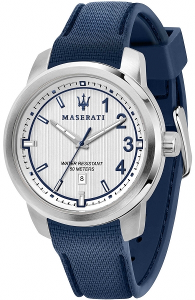 MASERATI ROYALE 45MM 3H SILVER DIAL BLUE ST R8851137003