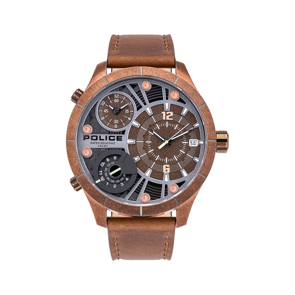 POLICE BUSHMASTER DUAL TIME BROWN DIAL BROWN ST PL.15662XSQR-12